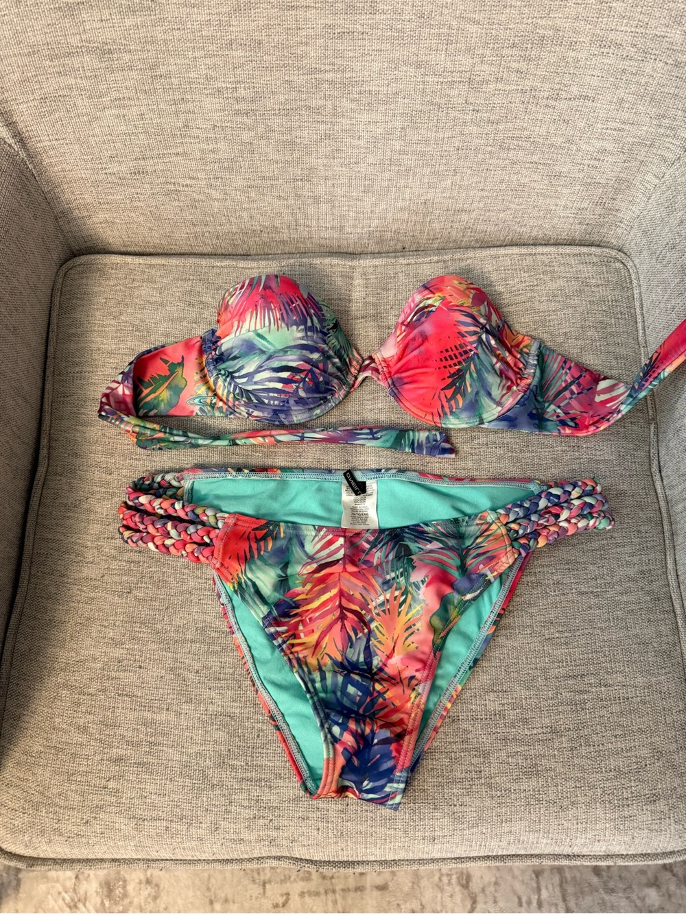 O'Neill Tropical Multicolor Bandeau Bikini - Teal, Pink, Coral